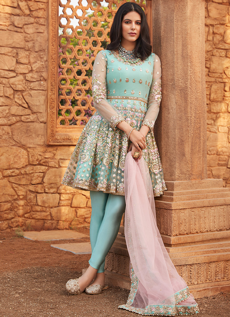 Dusty Mint and Pink Embroidered Peplum Anarkali