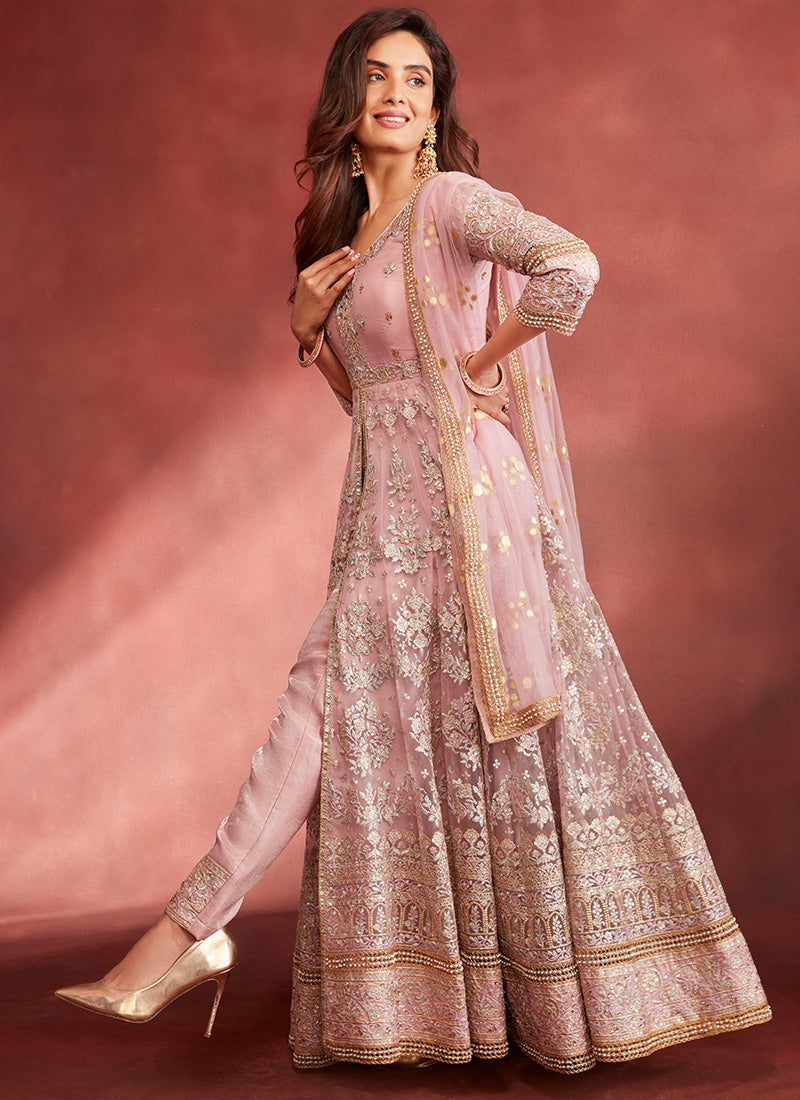 Rose Pink Embroidered Pant Style Anarkali