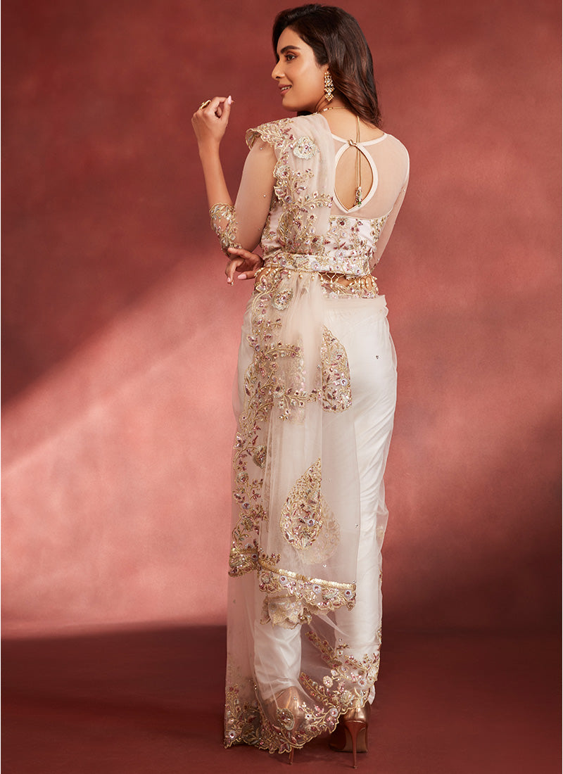 Light Pink Embroidered Pant Style Saree