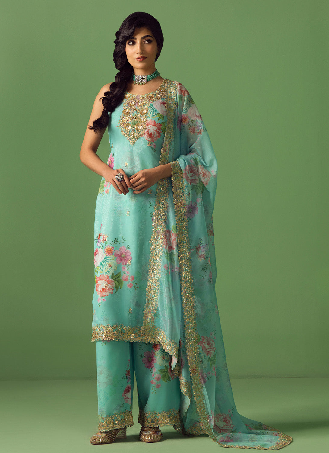 Aqua Multicolor Floral Printed Palazzo Suit
