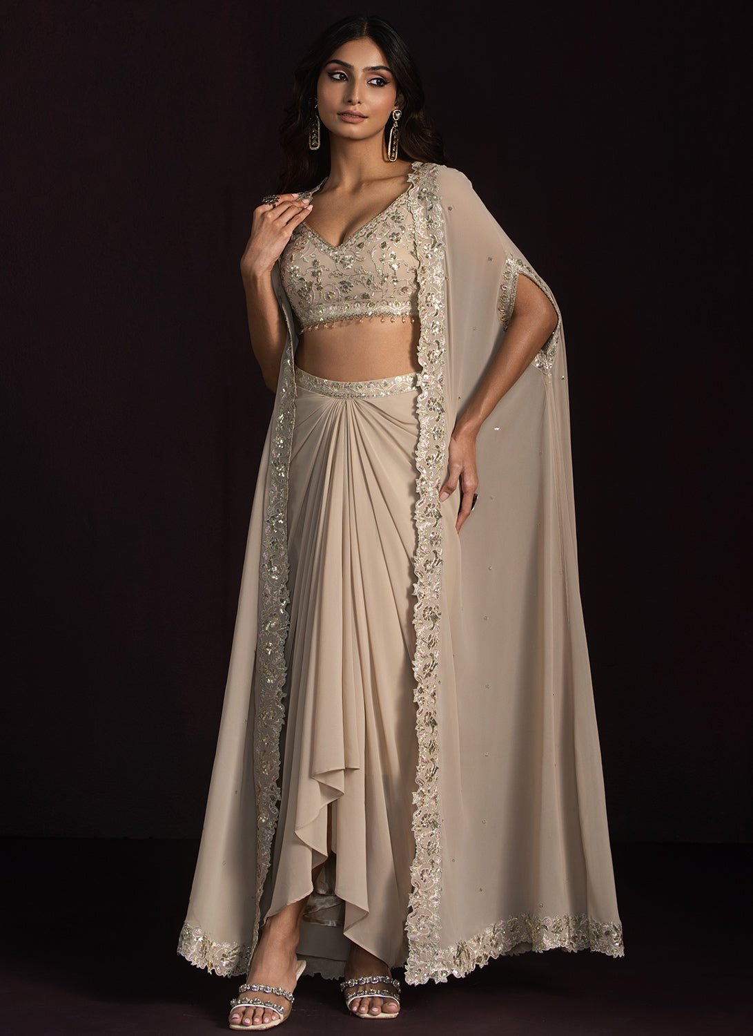 knee length dresses for ladies Beige Embroidered Georgette Dhoti Style Set