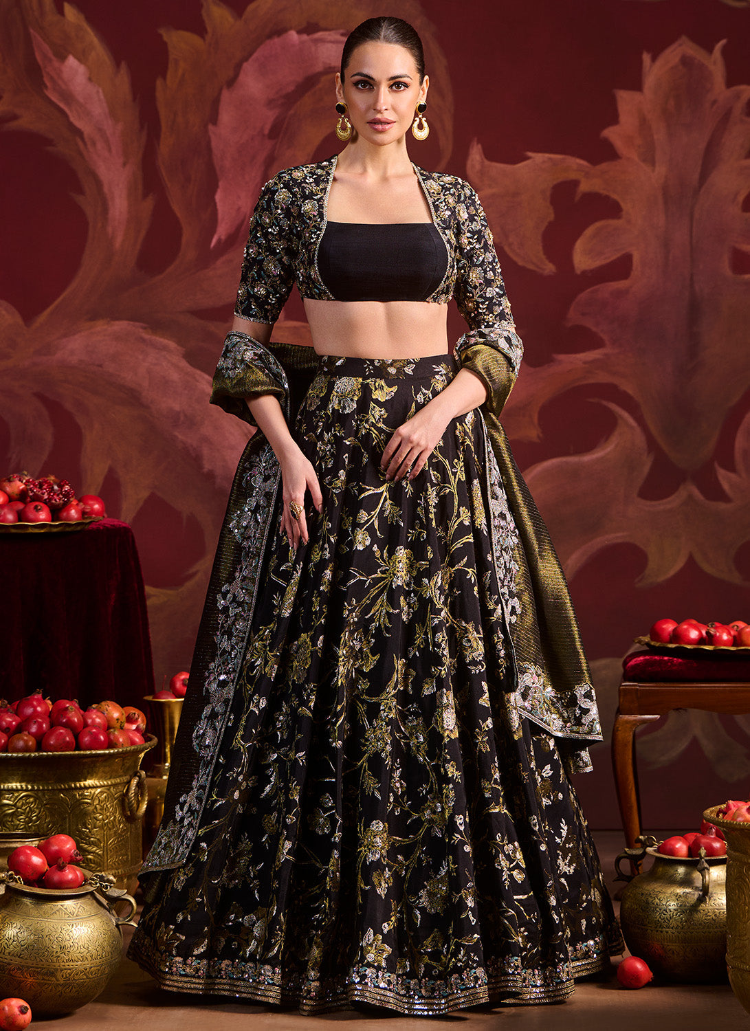 Black Embroidered Brocade Lehenga