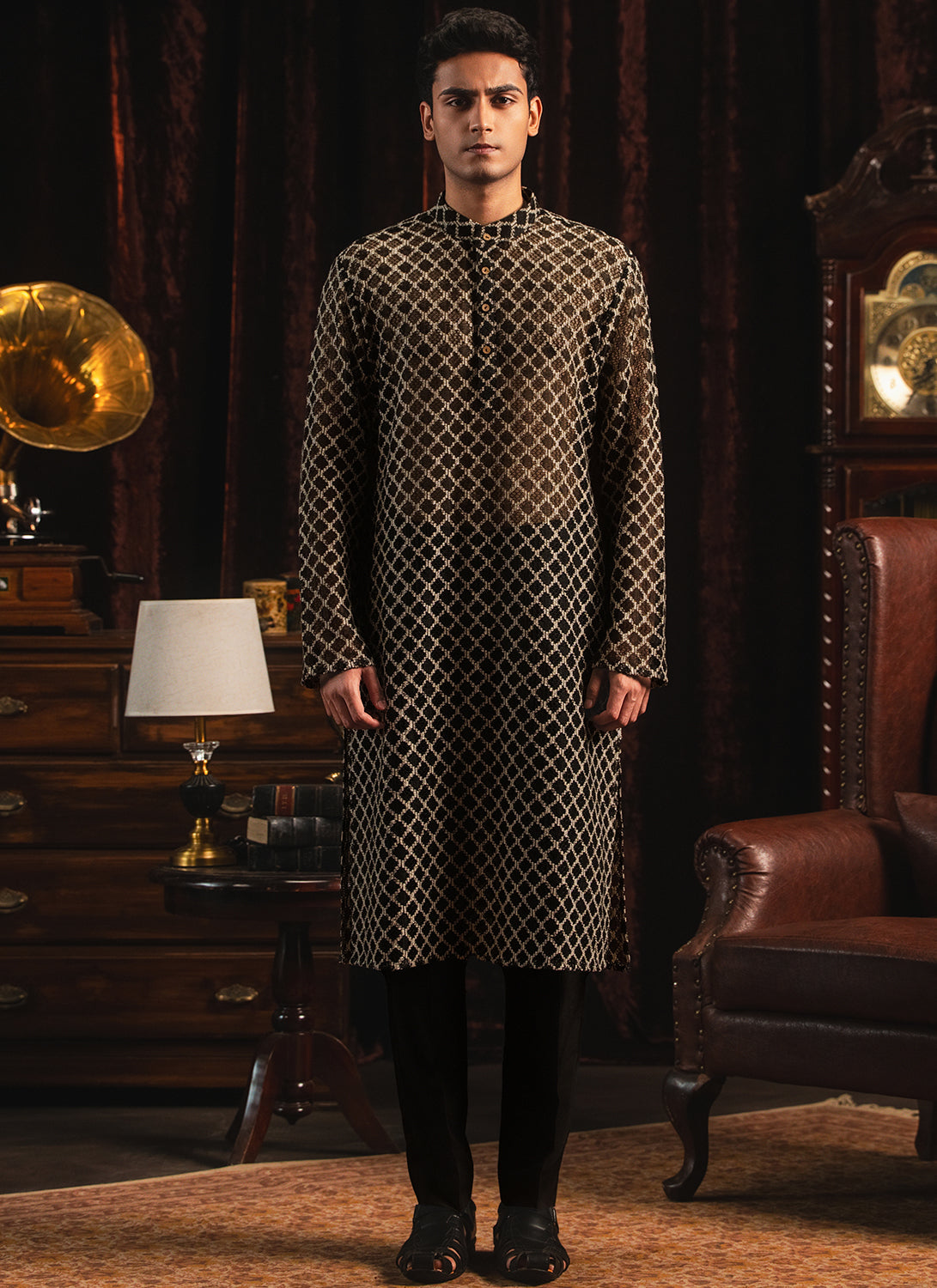 Black Crochet Cotton Kurta Set