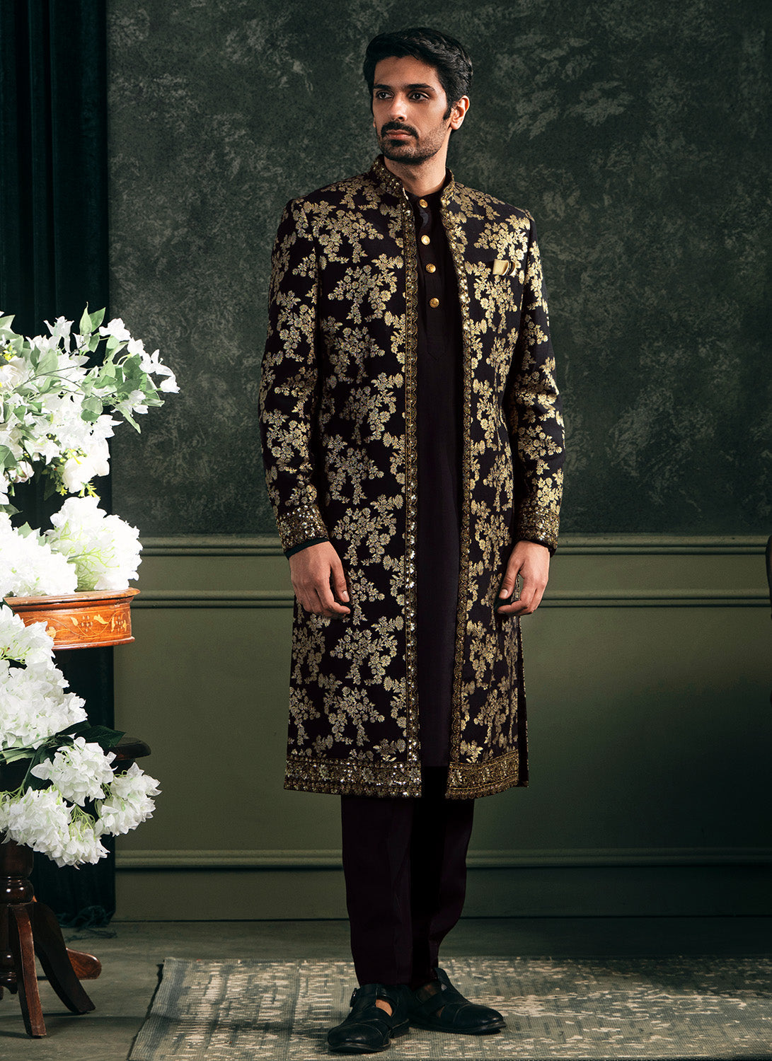 Black Embroidered Brocade Sherwani Set