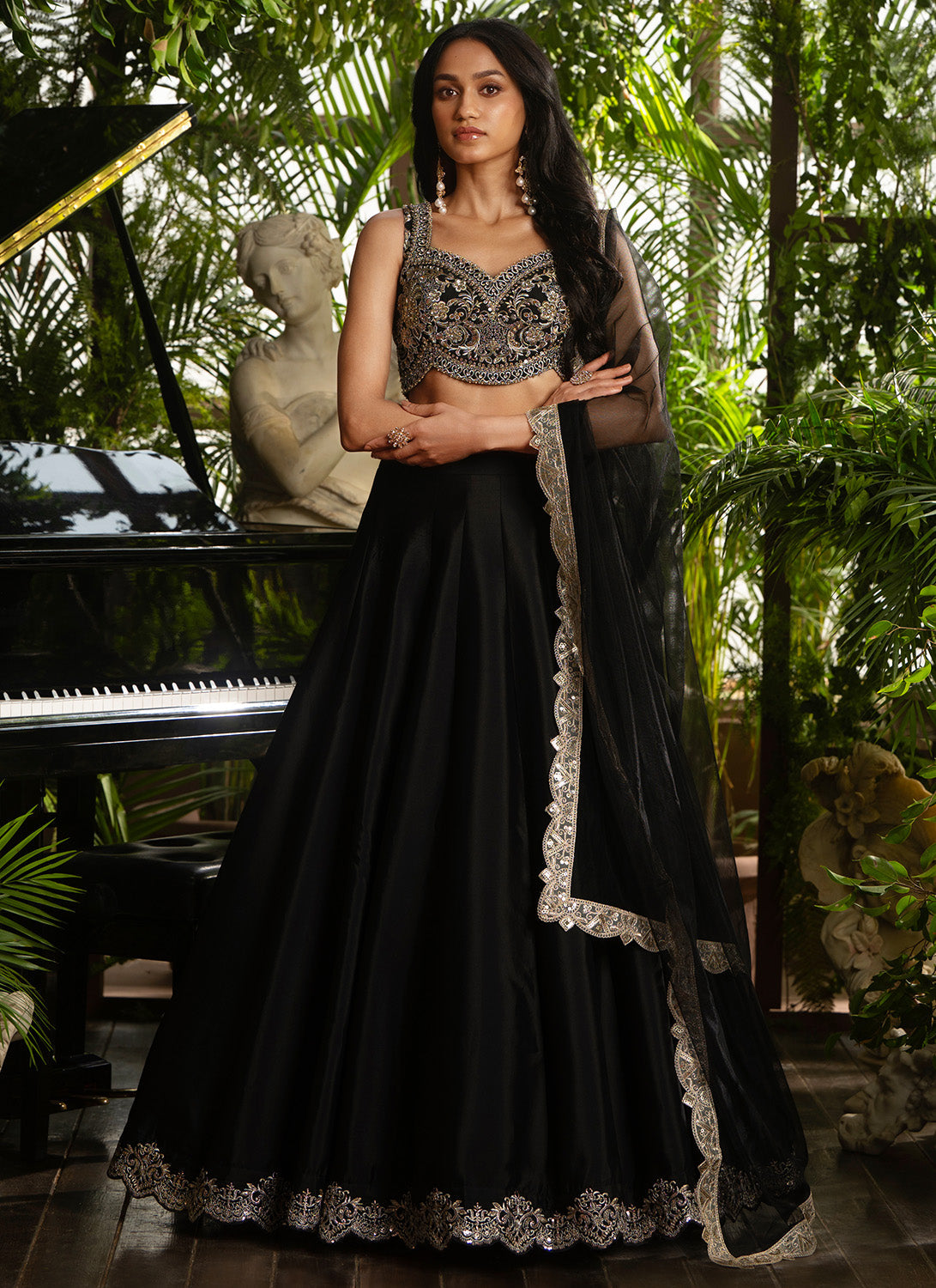 Black Embroidered Crepe Silk Lehenga