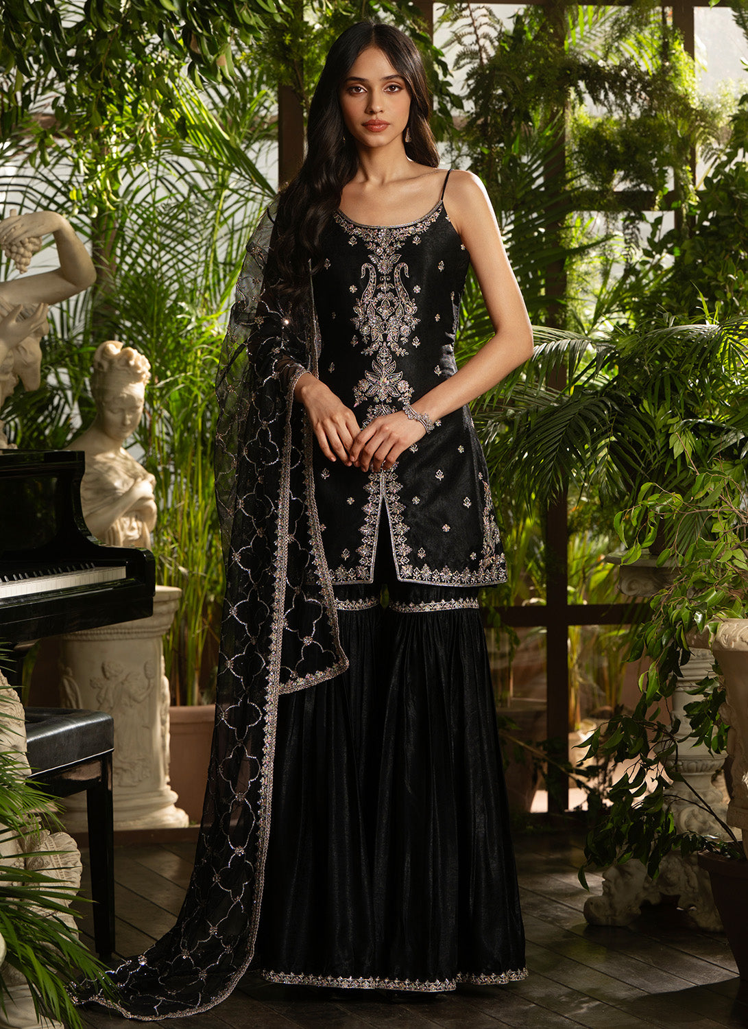 Black Embroidered Satin Velvet Gharara