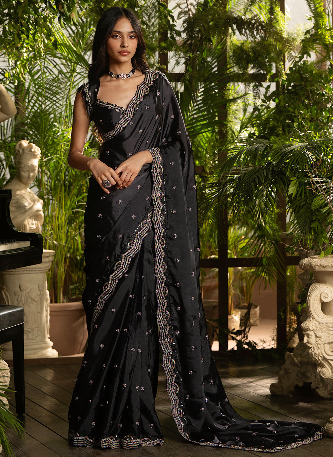 Black Embroidered Silk Saree