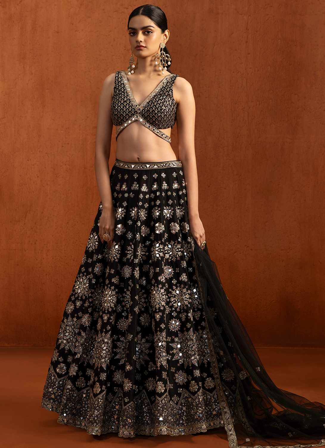 Black Embroidered Velvet Satin Lehenga