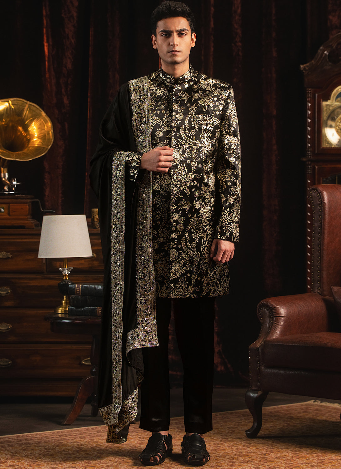 Black Foil Printed Sherwani Set