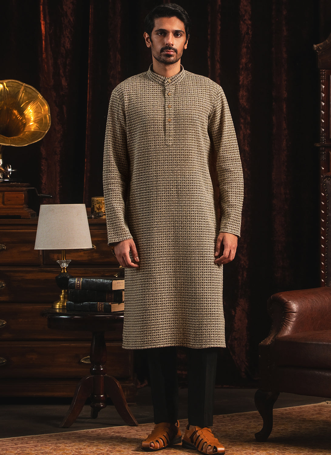 Black Knitted Cotton Kurta Set