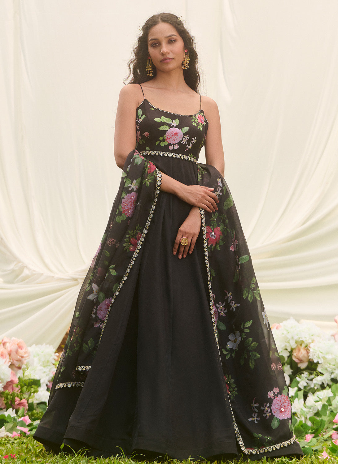 Black Multicolor Floral Printed Anarkali
