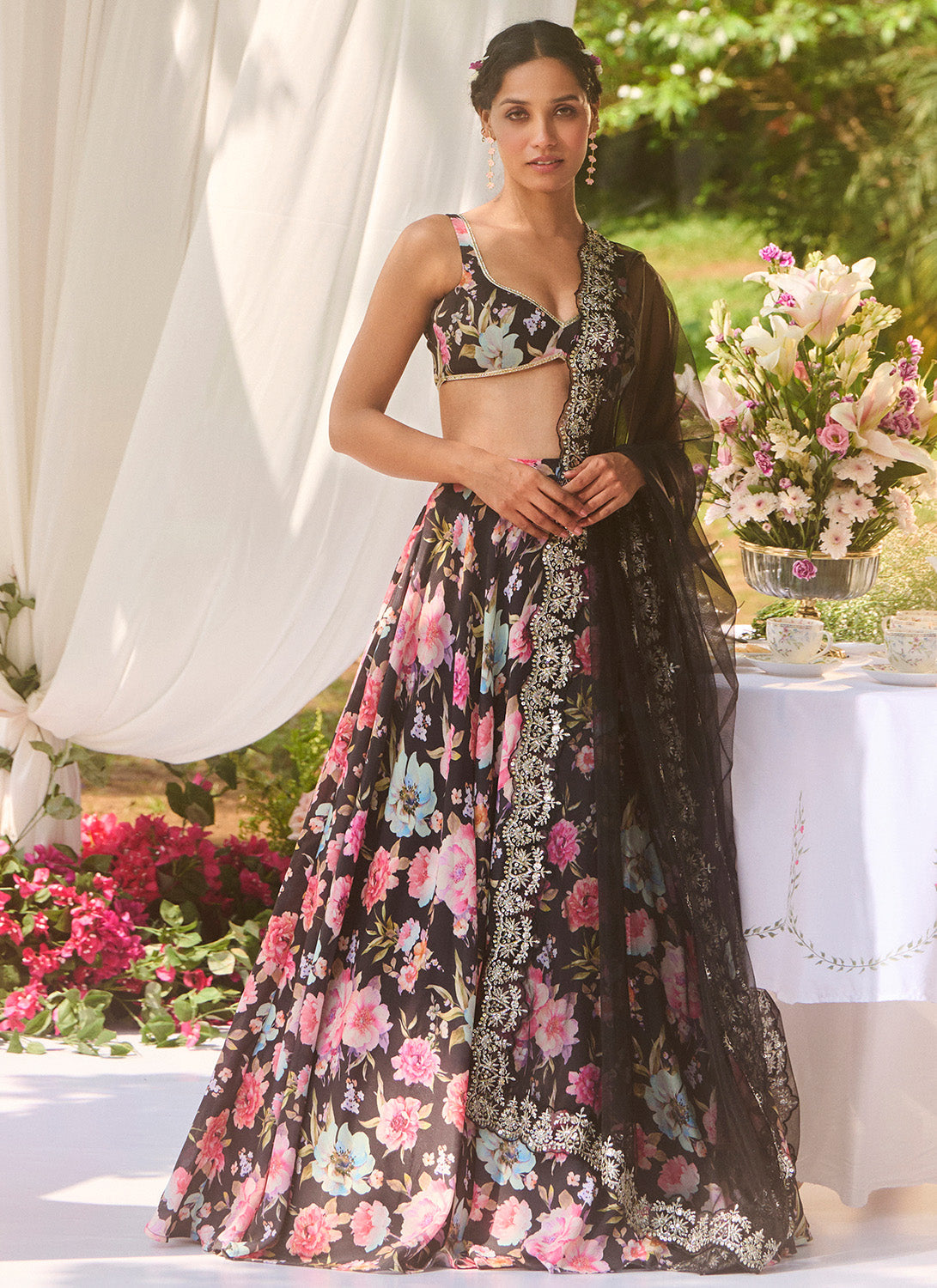 Black Multicolor Floral Printed Lehenga