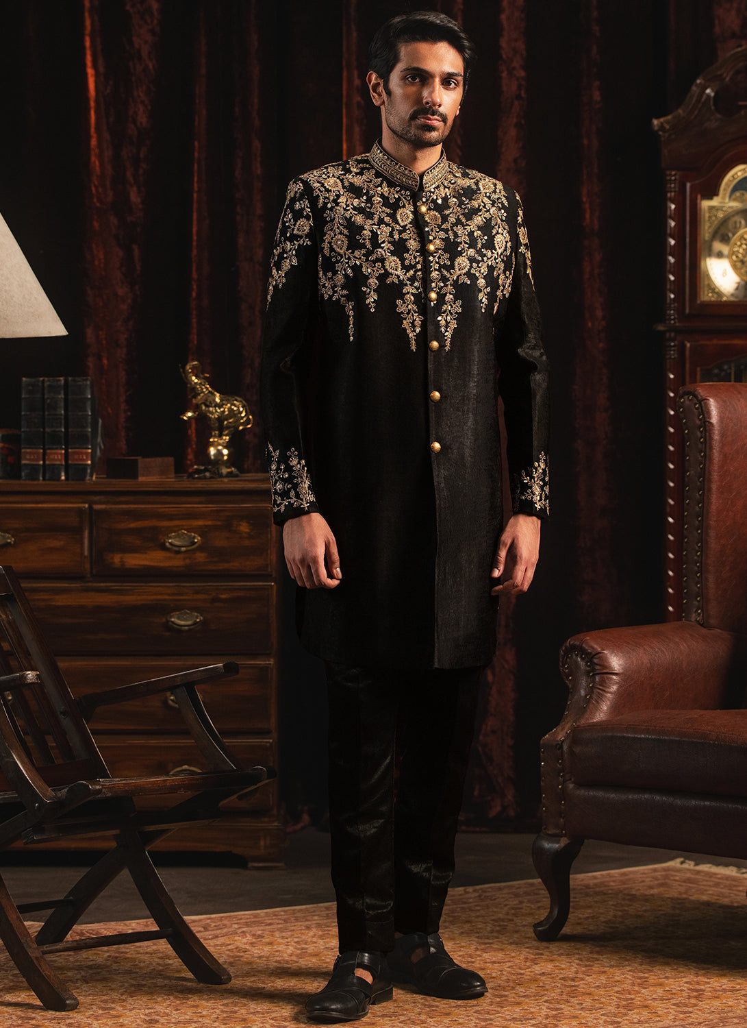 Black and Gold Embroidered Satin Sherwani