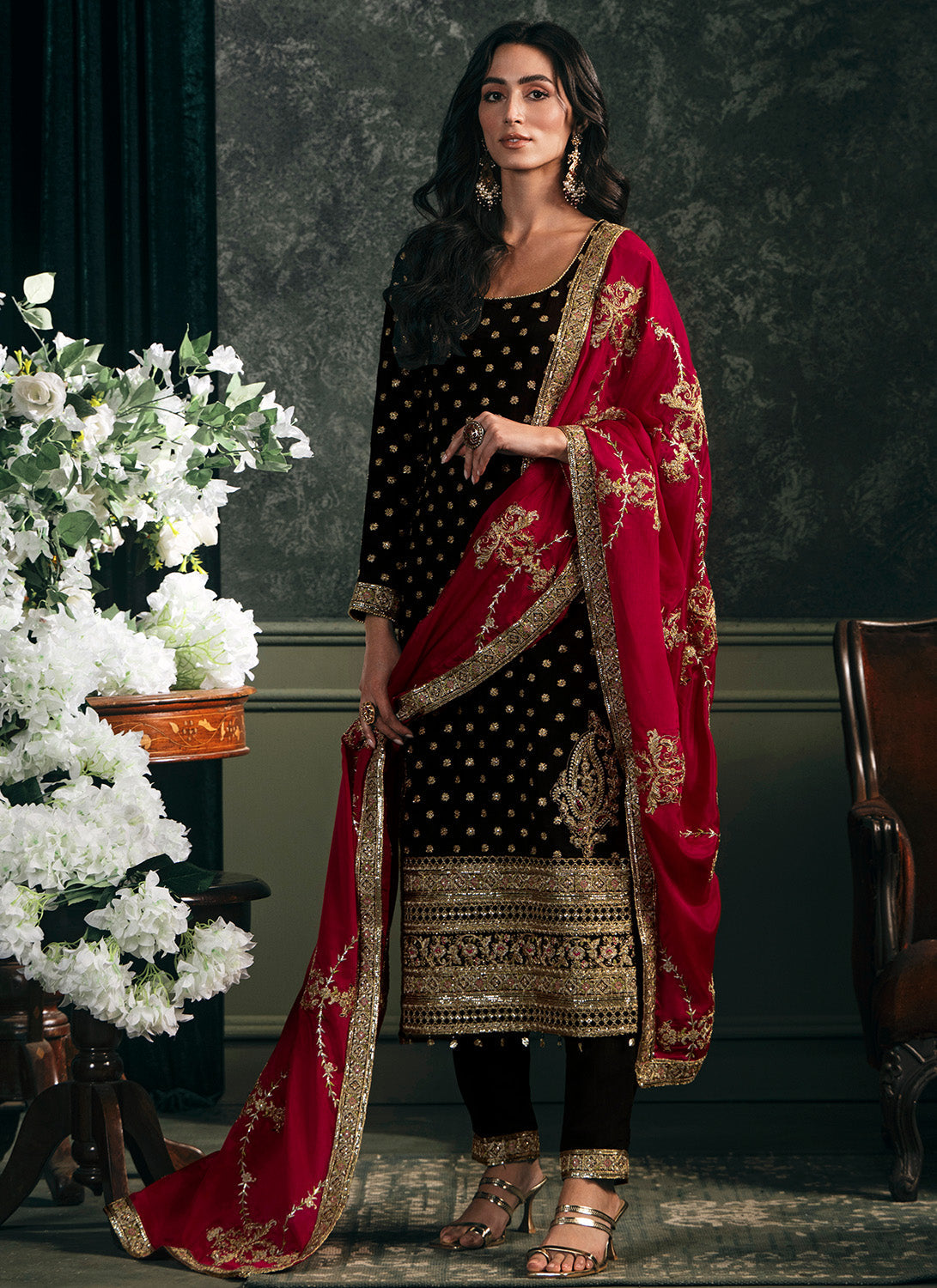 Black and Hot Pink Embroidered Straight Suit