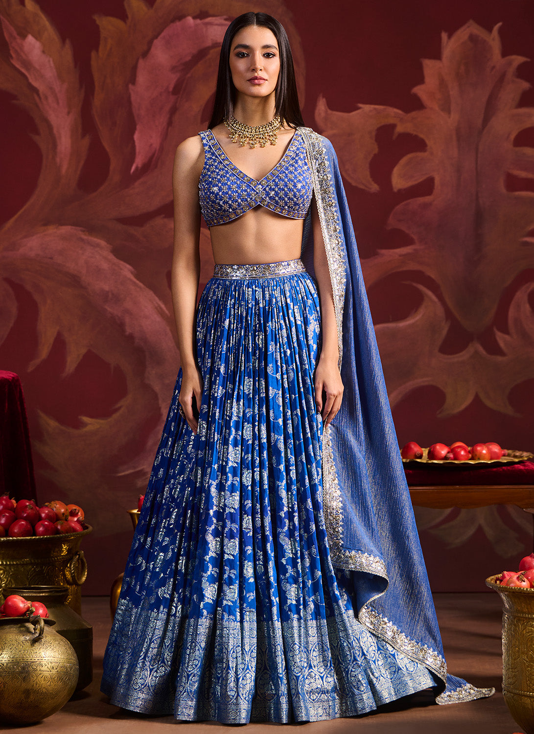 Blue Embroidered Brocade Lehenga