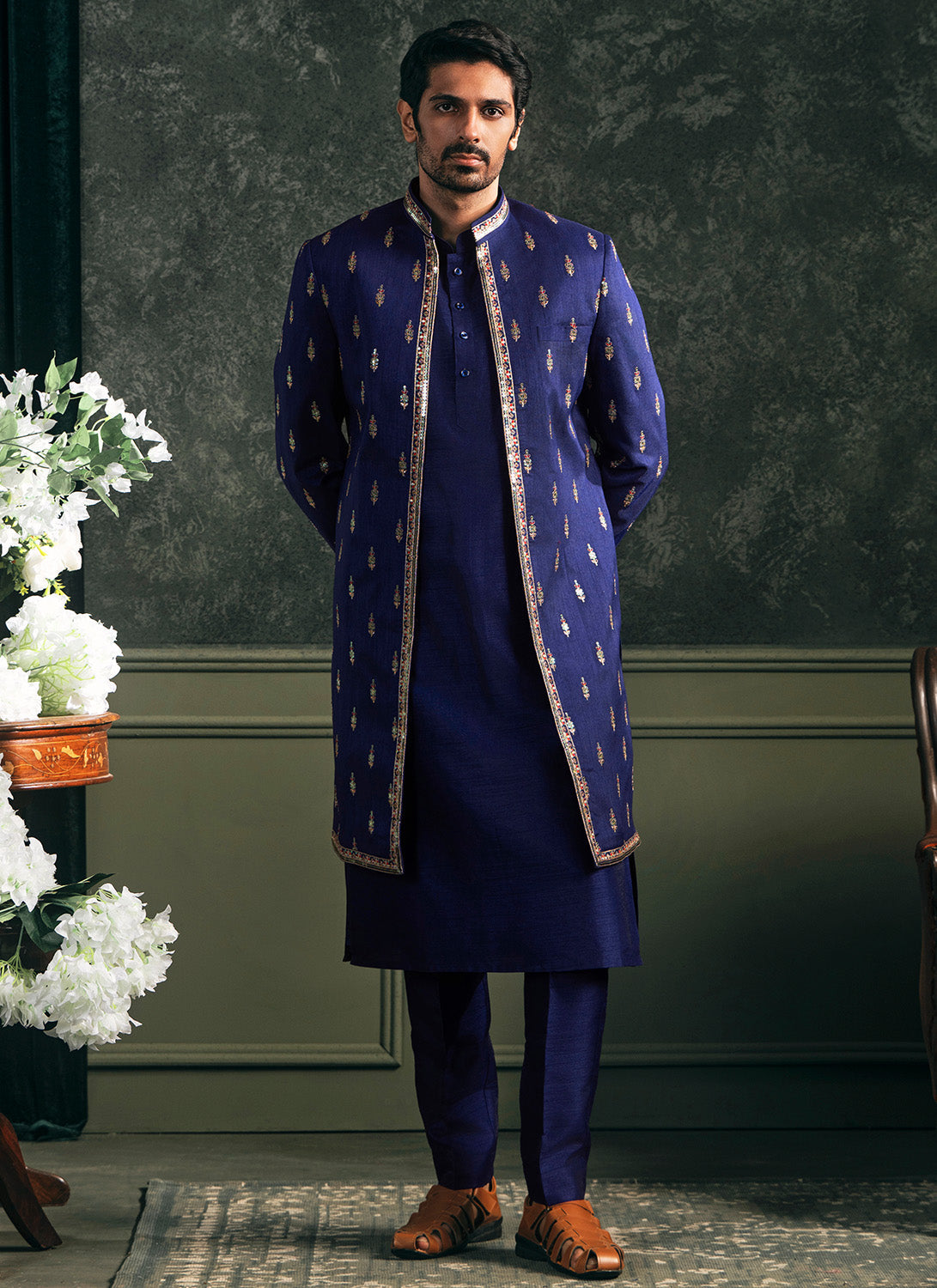 Blue Embroidered Silk Sherwani Set