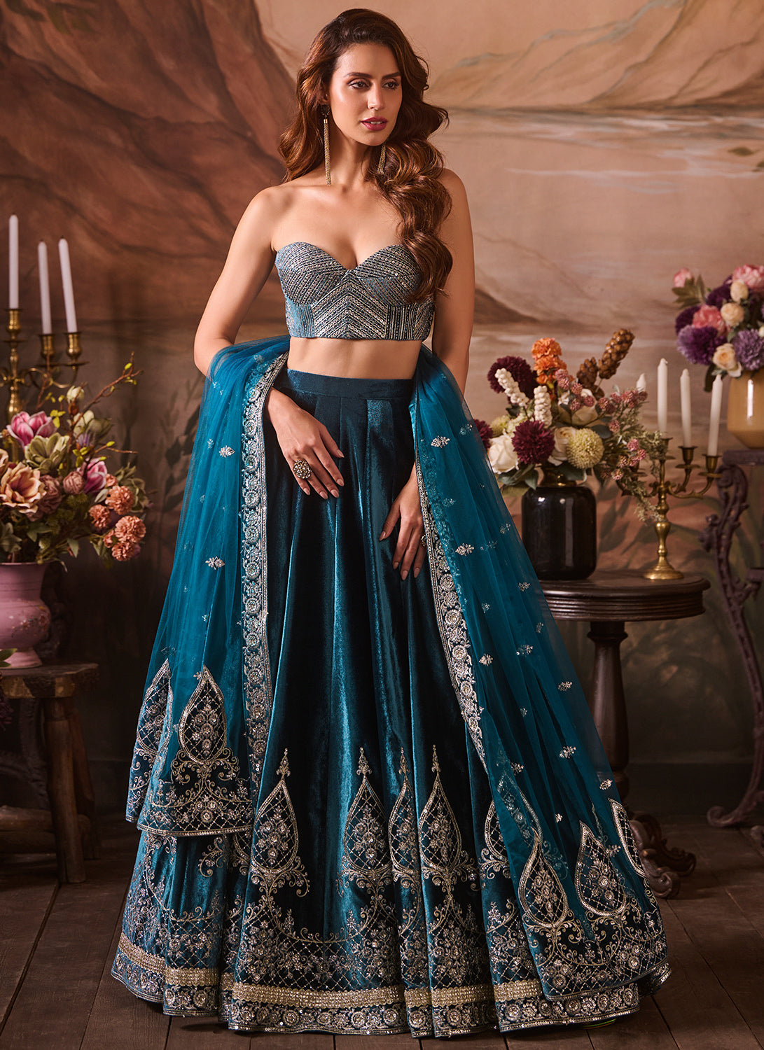 Blue Embroidered Velvet Corset Style Lehenga