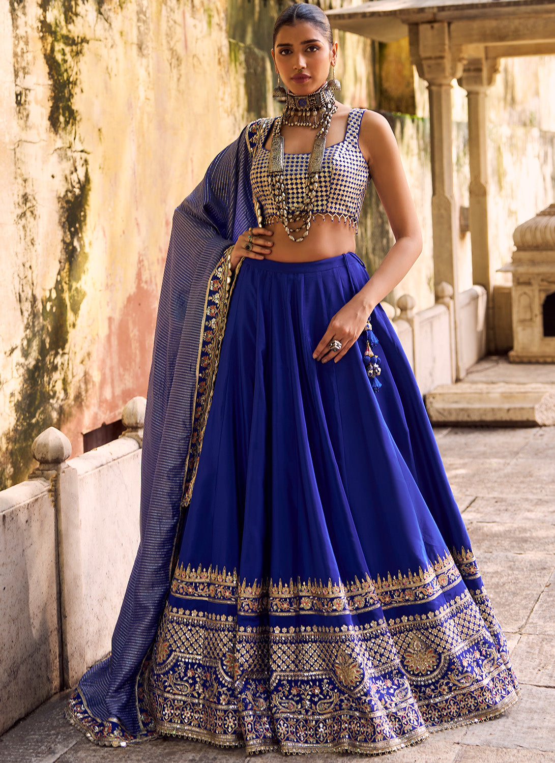 Blue Embroidered Viscose Crepe Lehenga