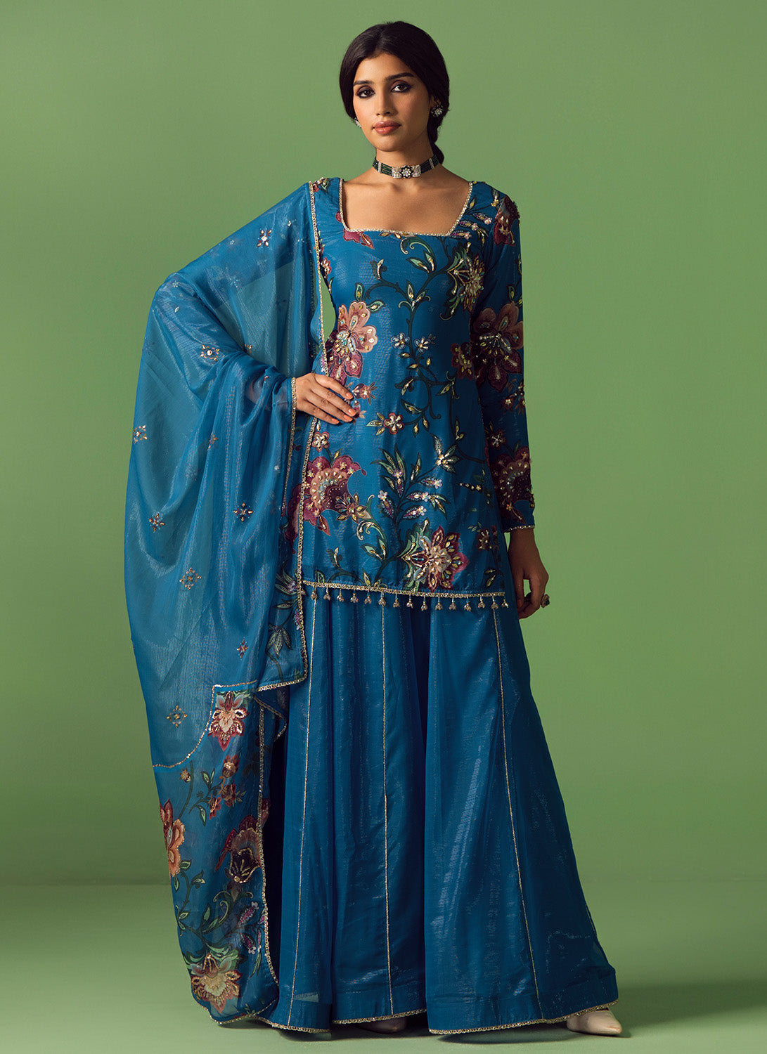 Blue Floral Printed Chiffon Sharara