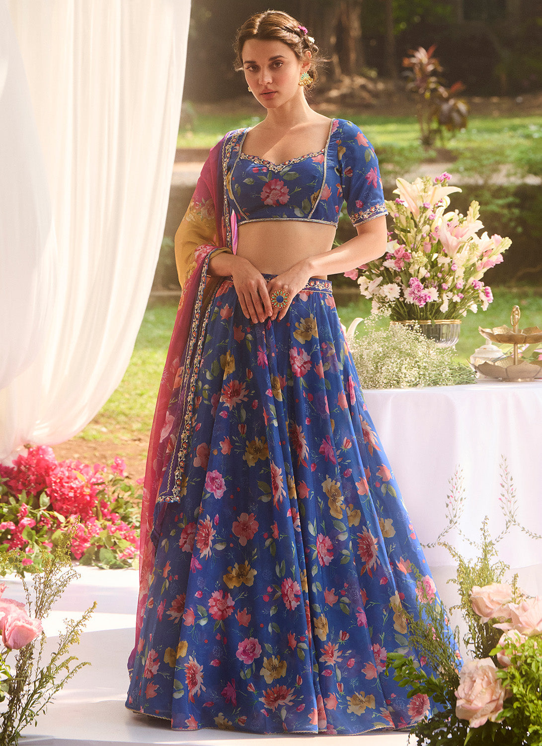Blue Multicolor Floral Printed Chiffon Lehenga