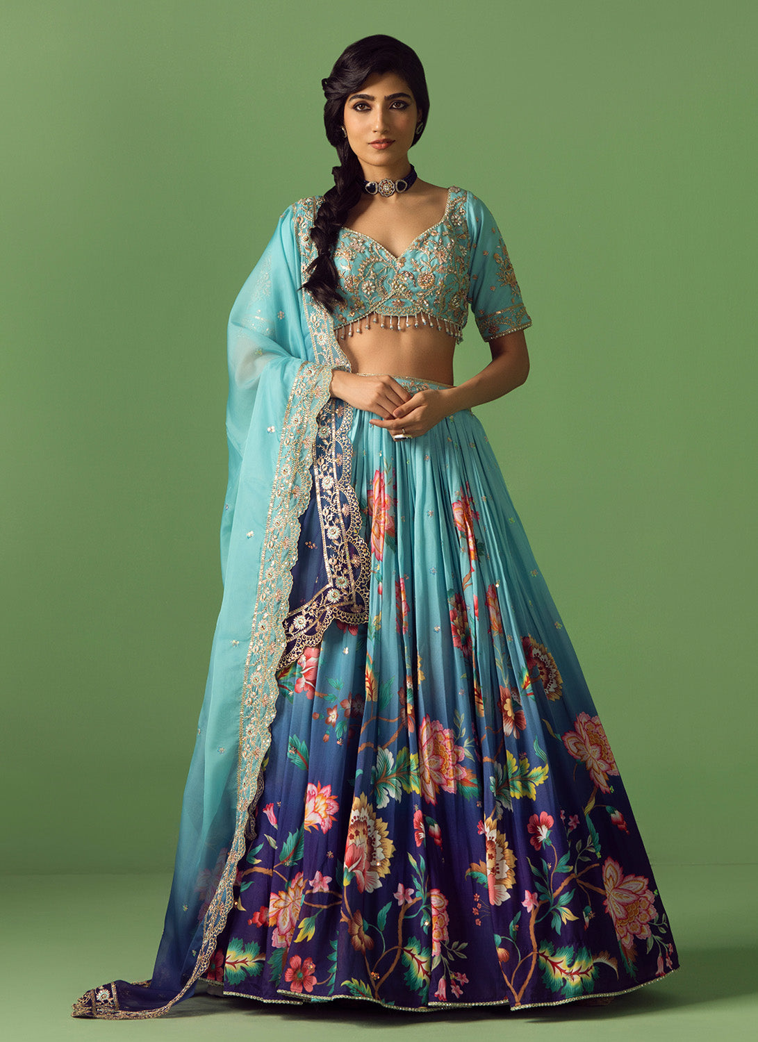 Blue Ombré Floral Printed Silk Lehenga