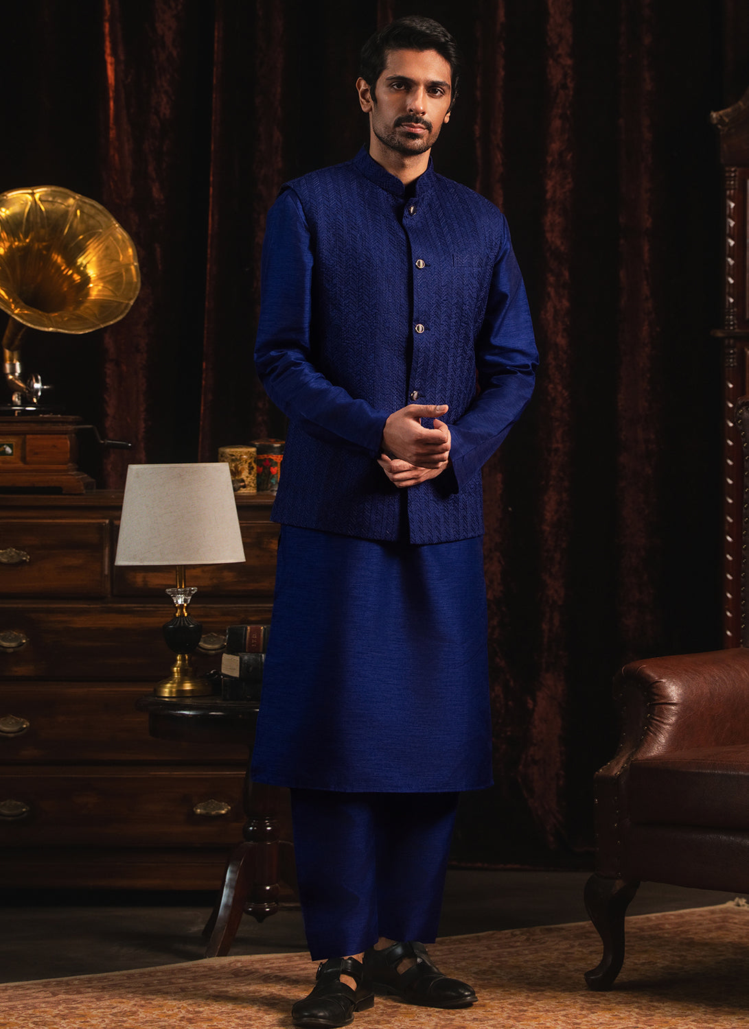Blue Silk Nehru Jacket Set