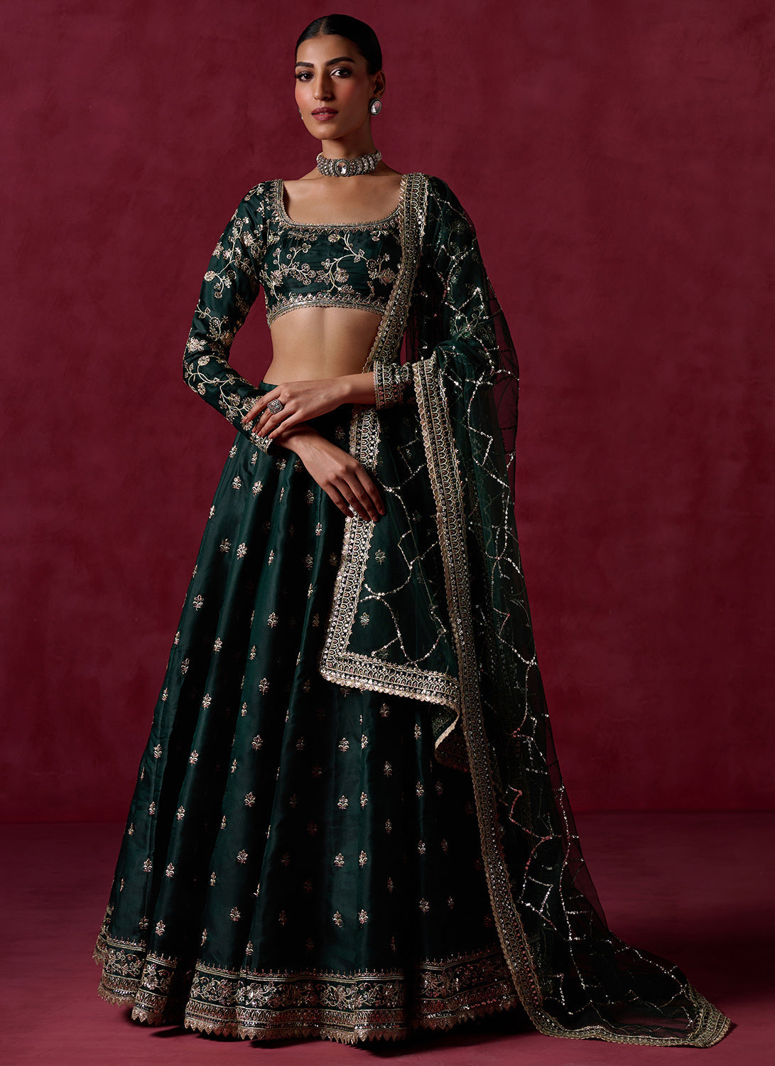 Bottle Green Embroidered Silk Lehenga