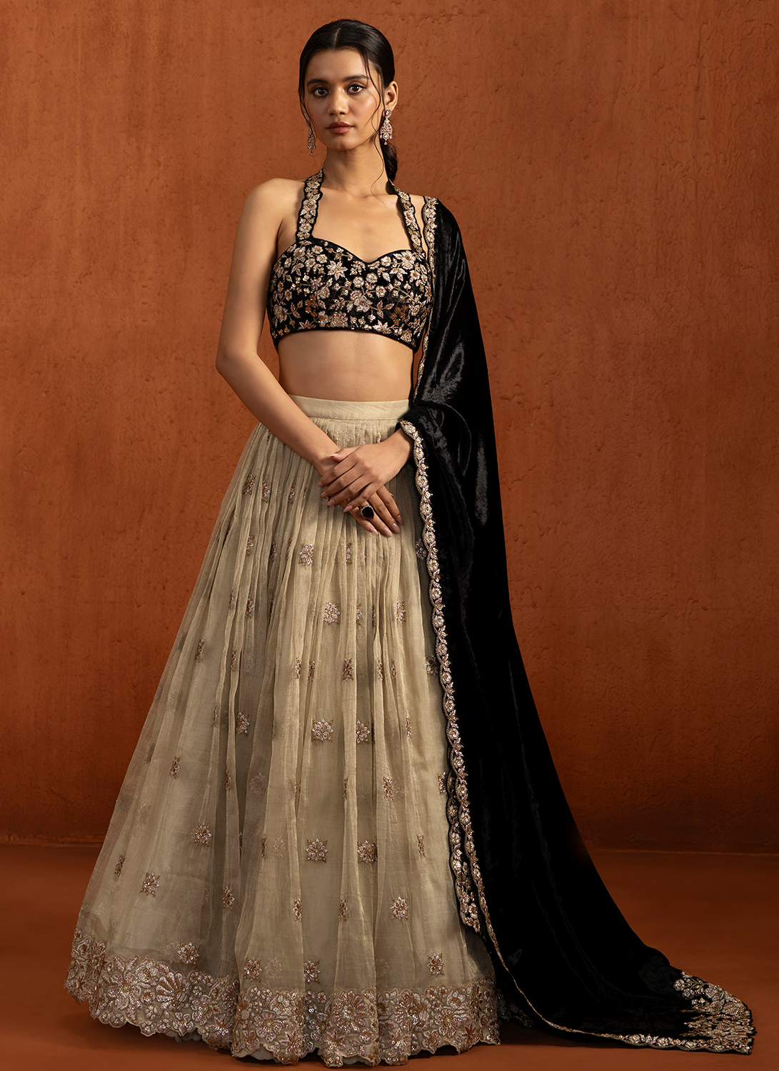 Champagne and Black Embroidered Velvet Lehenga