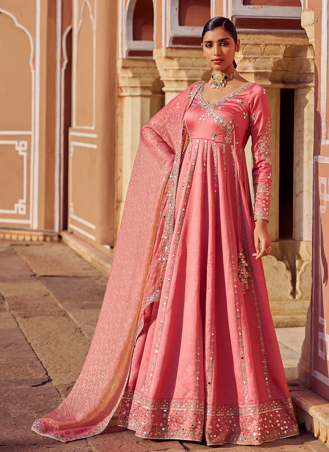 Coral Embroidered Silk Anarkali