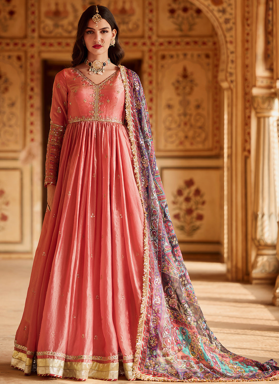 Coral Embroidered Silk Anarkali