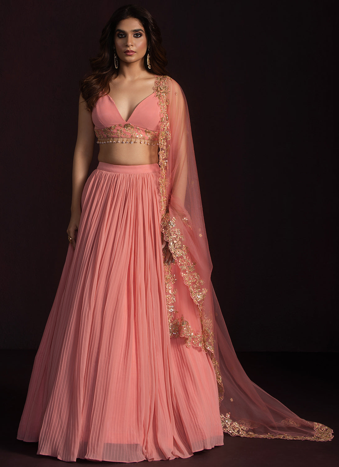 Coral Pink Embroidered Georgette Lehenga