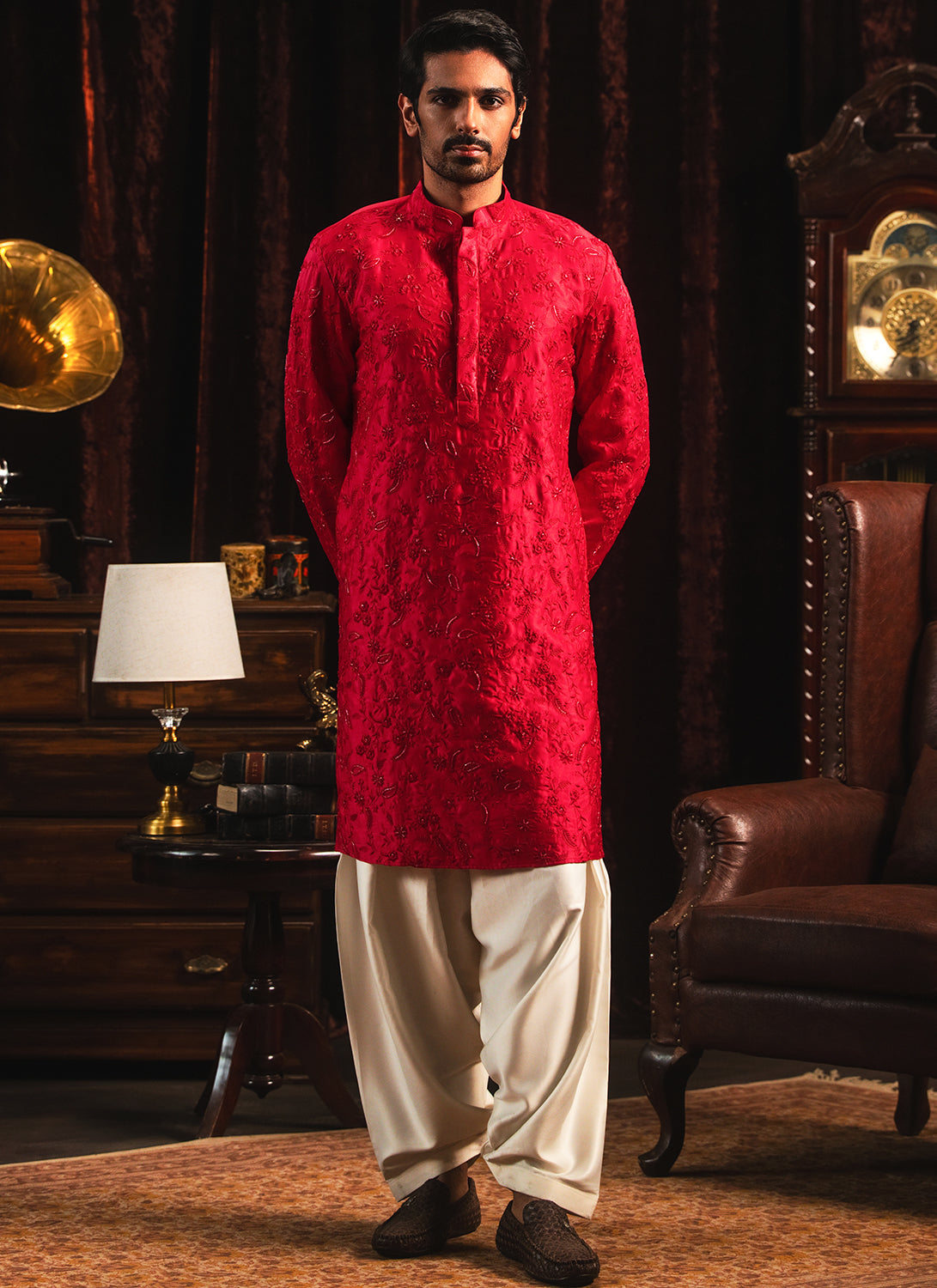 Crimson Embroidered Silk Kurta Set
