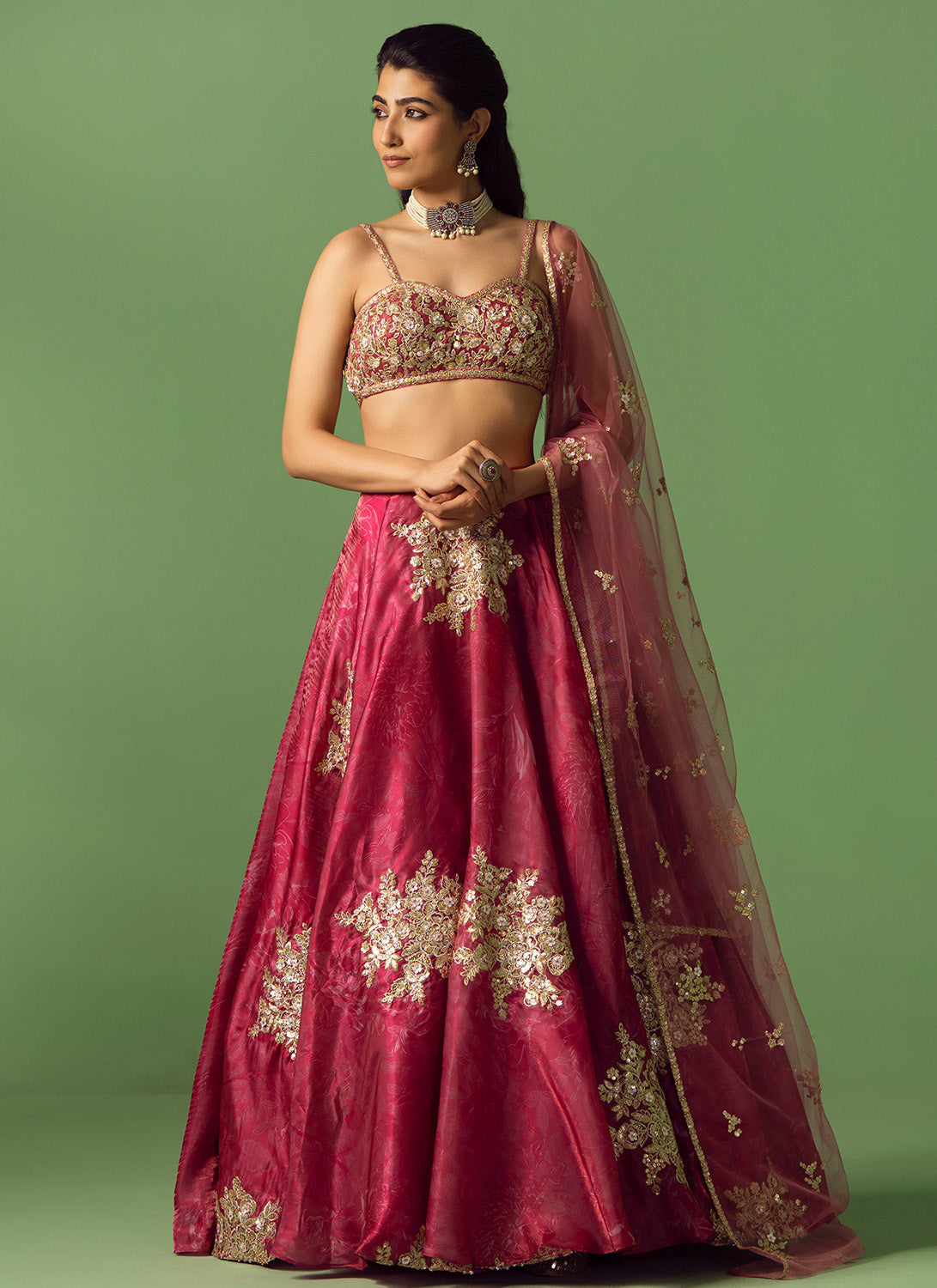 Crimson Pink Floral Printed Organza Lehenga