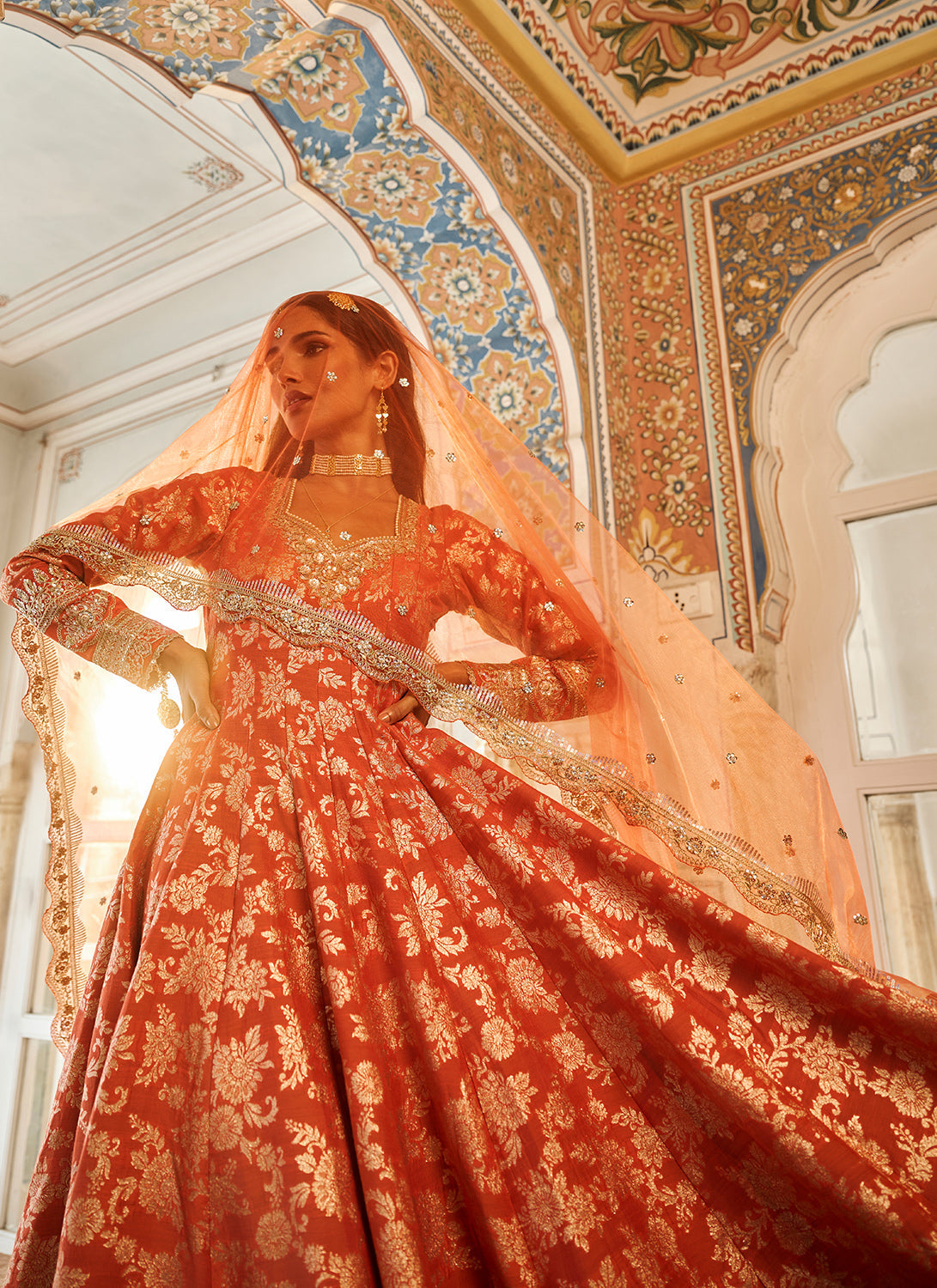 Orange Embroidered Brocade Anarkali