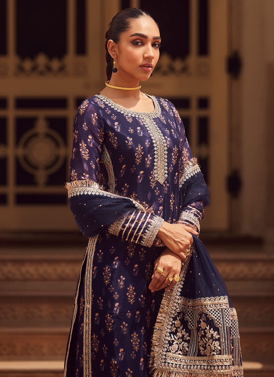 Navy Blue Embroidered Tissue Straight Suit