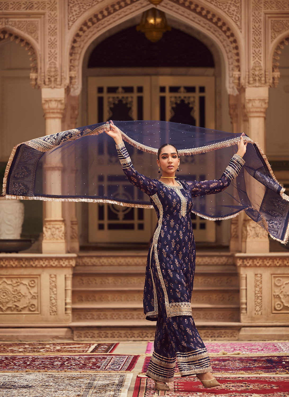 Navy Blue Embroidered Tissue Straight Suit