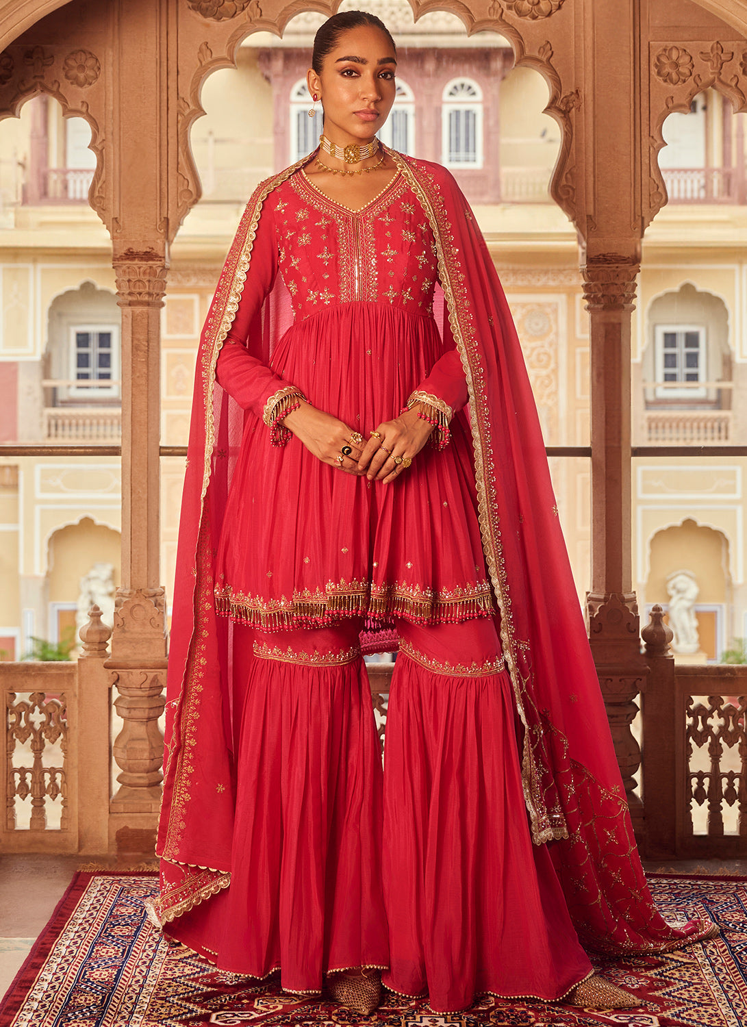 Hot Pink Embroidered Chinon Gharara