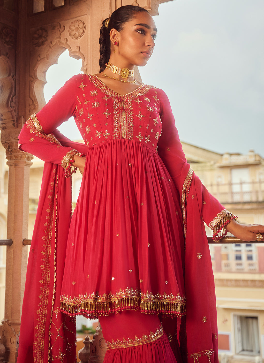 Hot Pink Embroidered Chinon Gharara