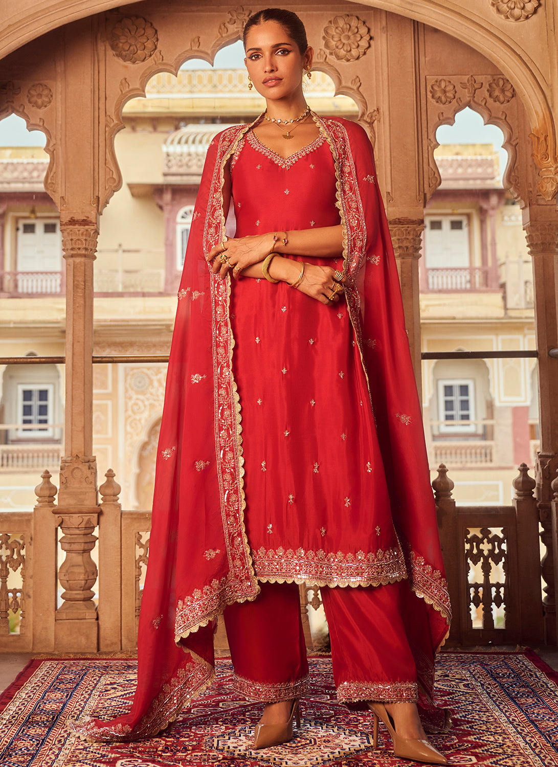 Red Embroidered Organza Straight Suit