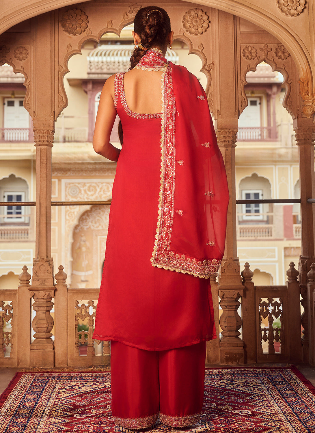 Red Embroidered Organza Straight Suit