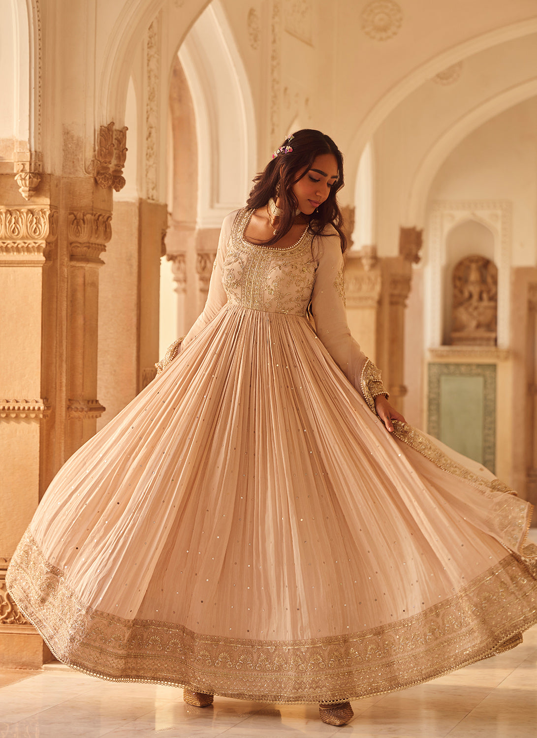 Nude Embroidered Tissue Anarkali