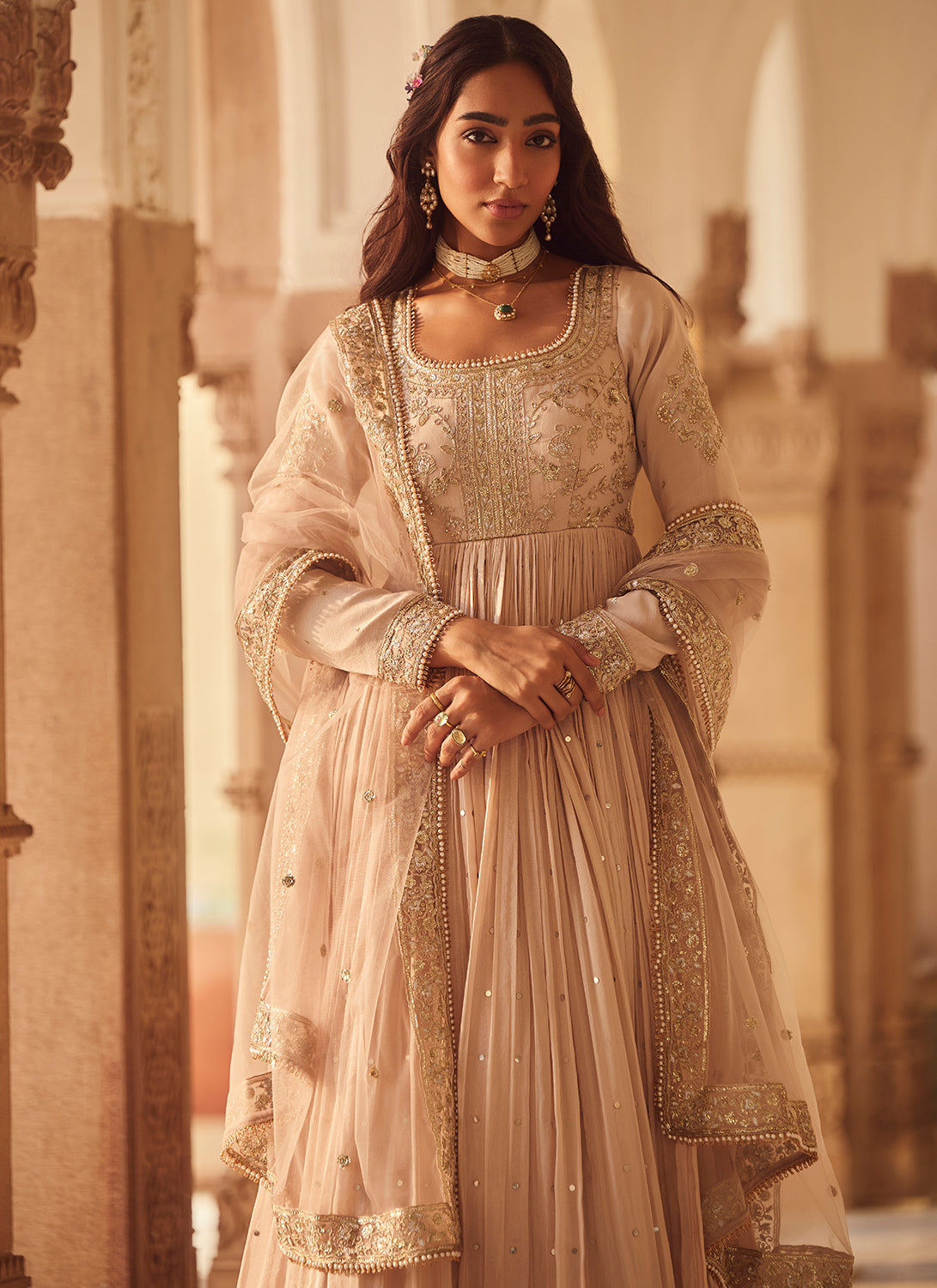 Nude Embroidered Tissue Anarkali