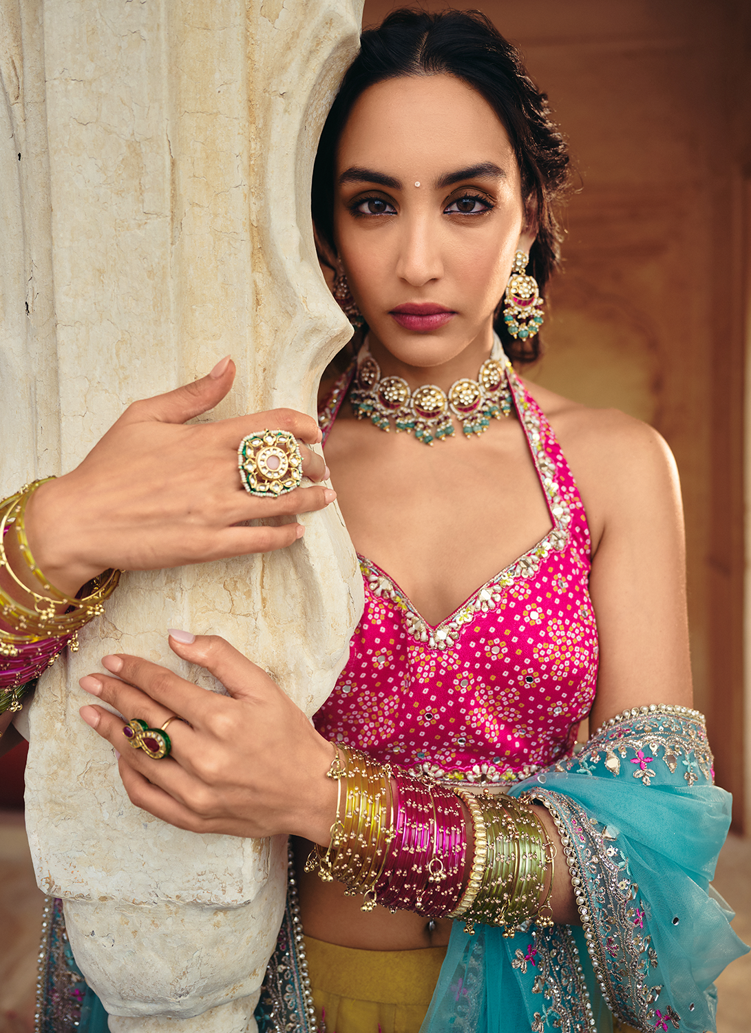 Mustard Multicolor Embroidered Bandhani Lehenga