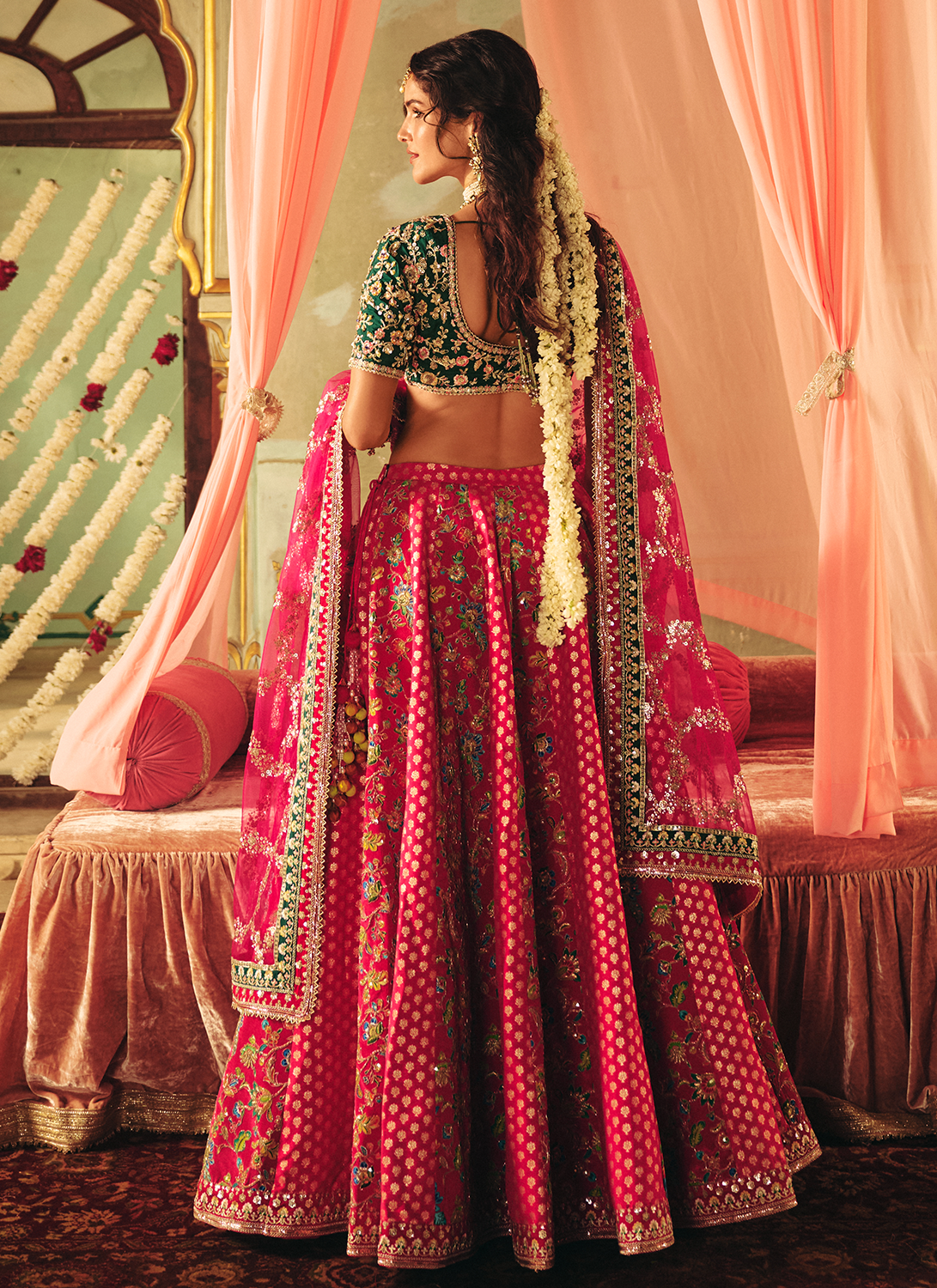 Pink and Green Embroidered Silk Lehenga