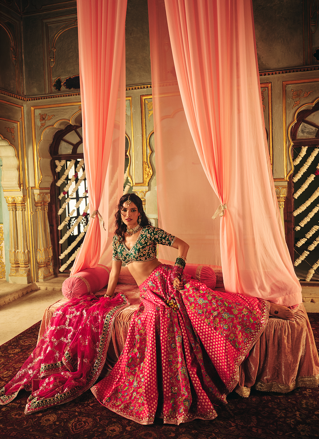 Pink and Green Embroidered Silk Lehenga