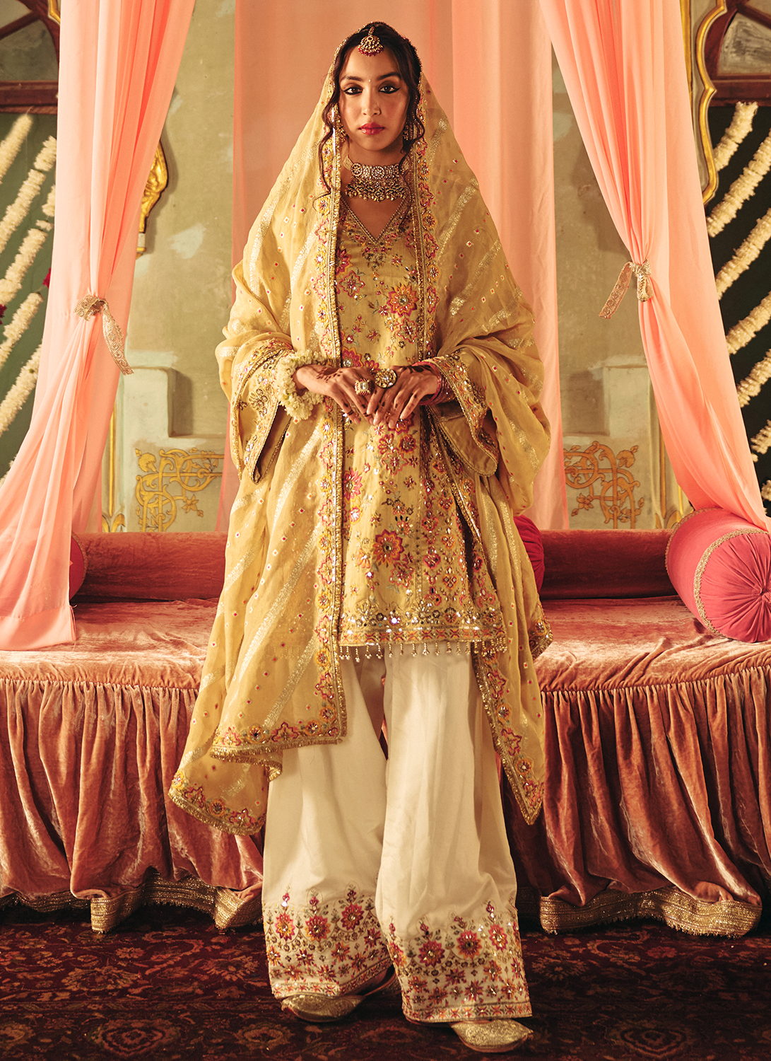 Golden Yellow Embroidered Crepe Punjabi Suit