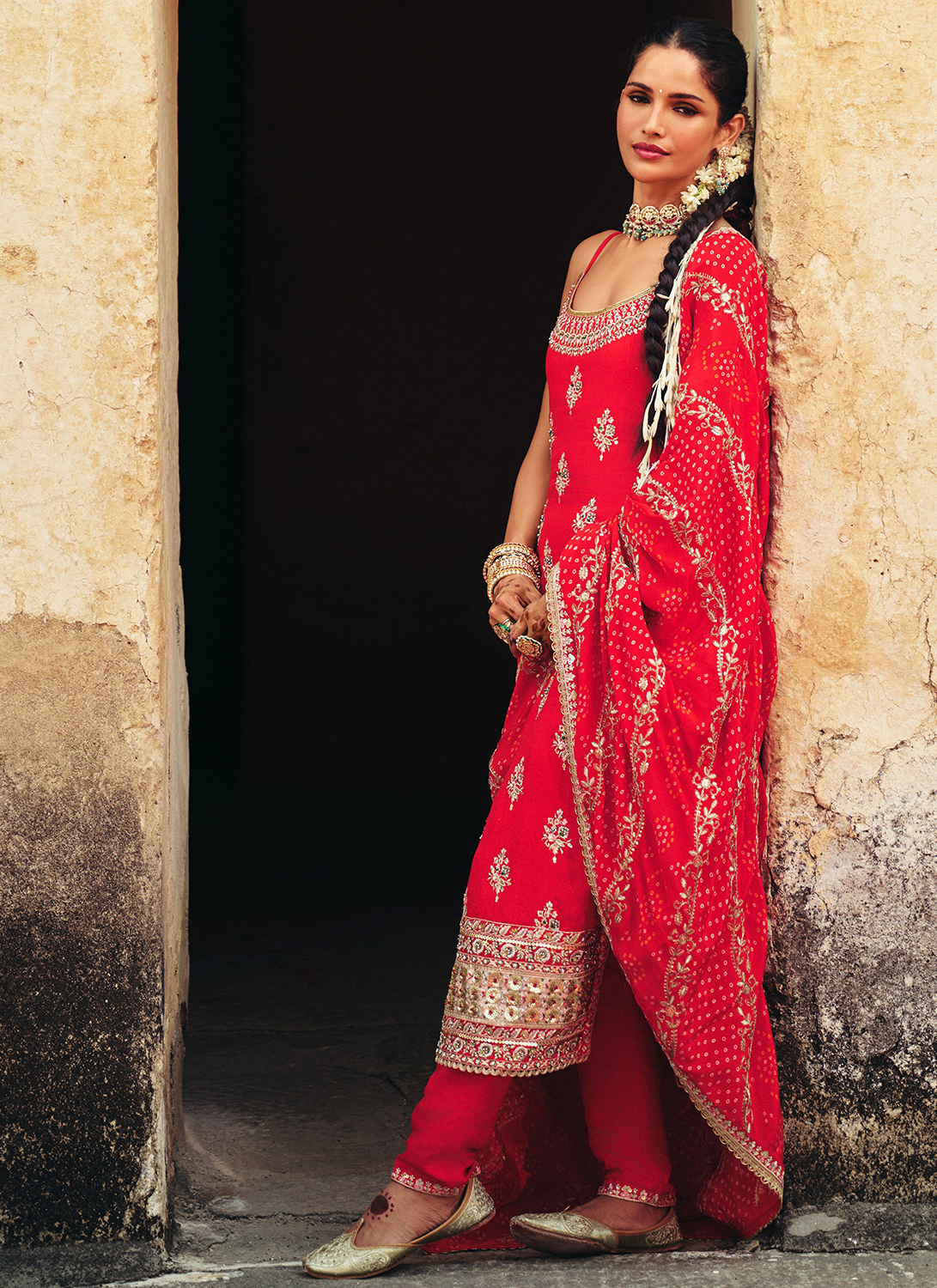 Red Embroidered Silk Pant Suit