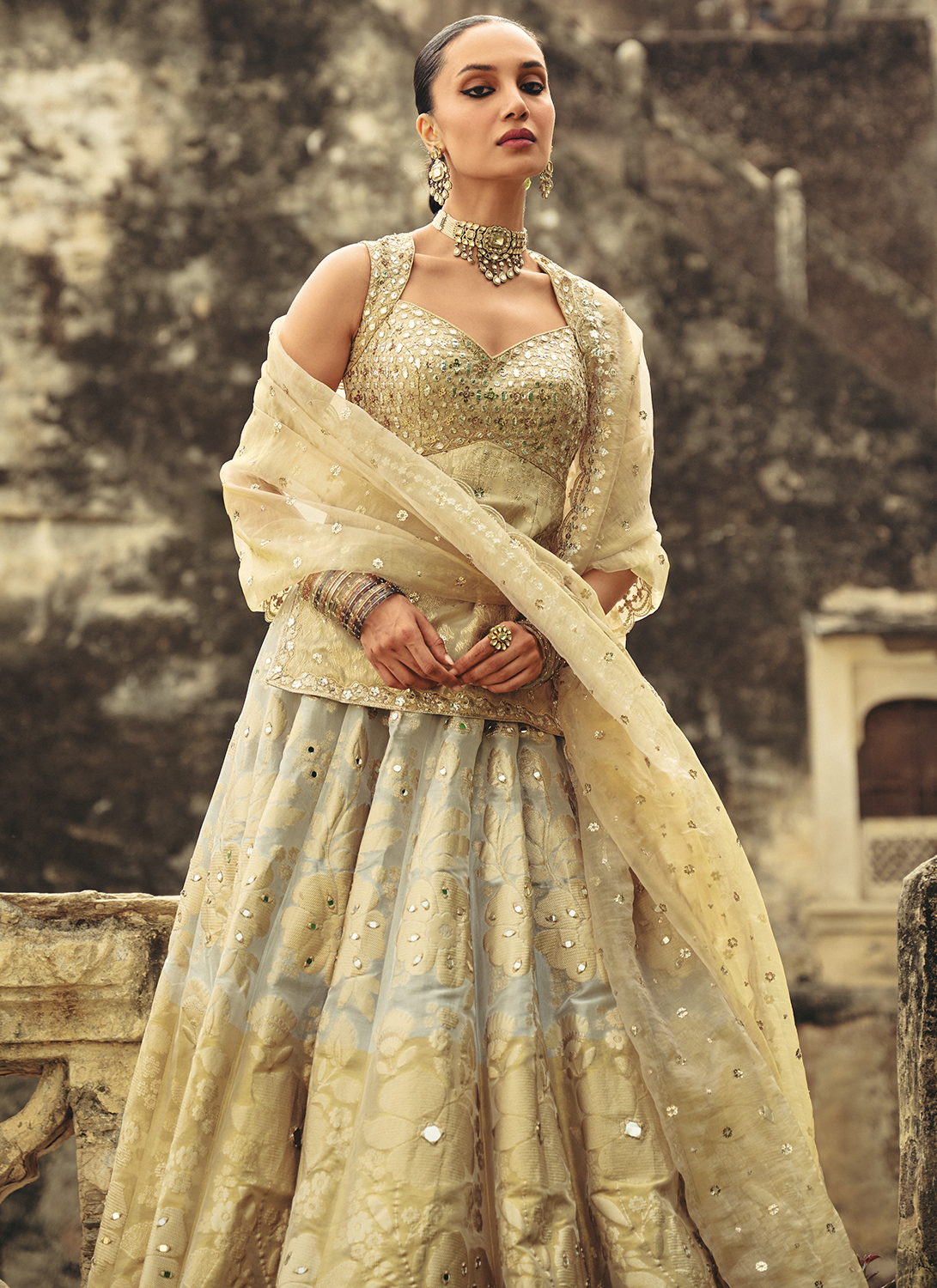 Gold Embroidered Brocade Tissue Lehenga