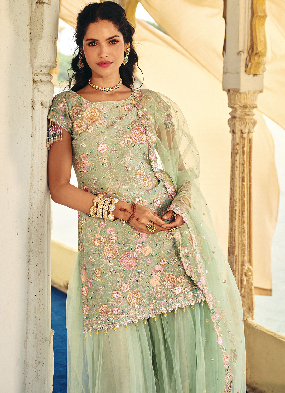 Mint Green Embroidered Organza Sharara