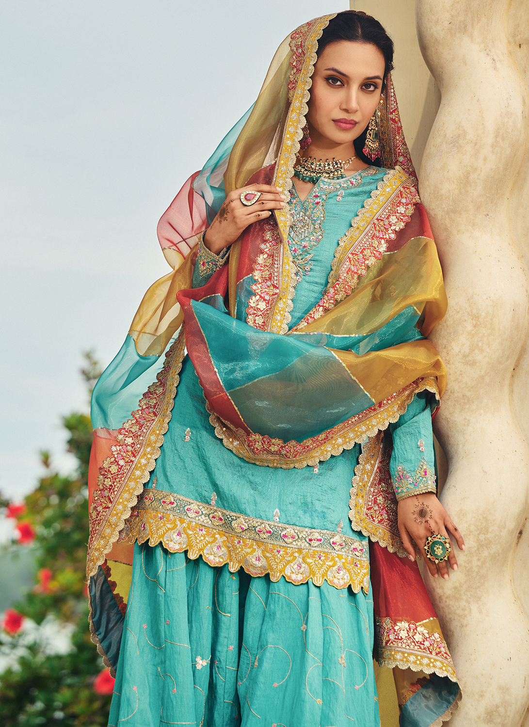 Turquoise Embroidered Silk Sharara